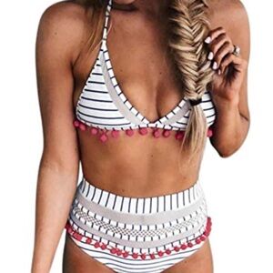 Striped Bikini with Red Pom Poms